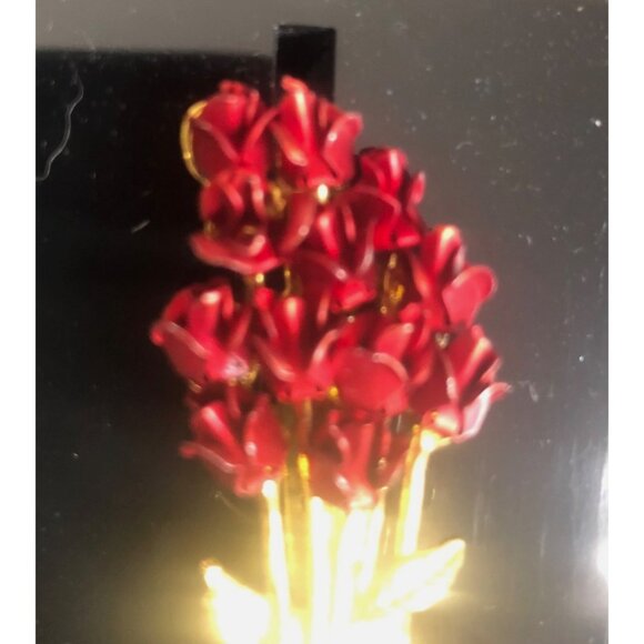 Vintage Red Roses Brooch Pin Metal Gold Toned Jewelry M 12 Valentines Old Money - Picture 5 of 14